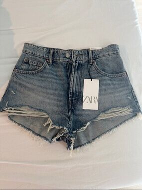 ZARA Distressed Light Blue High-Rise Denim Shorts